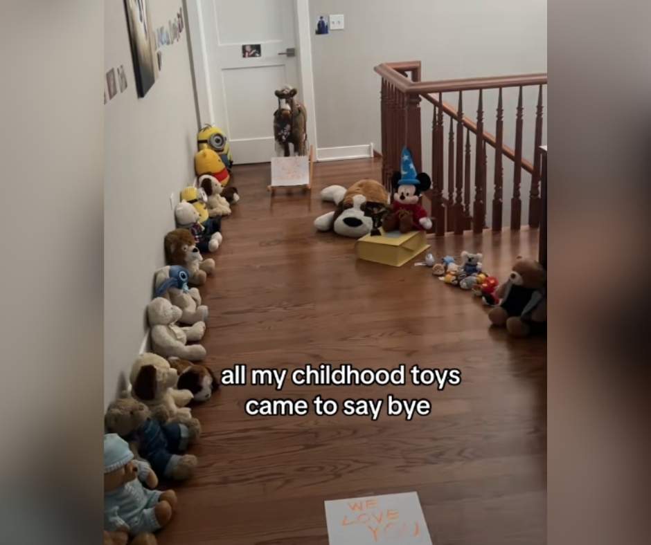 Ben's childhood toys lining up, recreating a scene from Toy Story