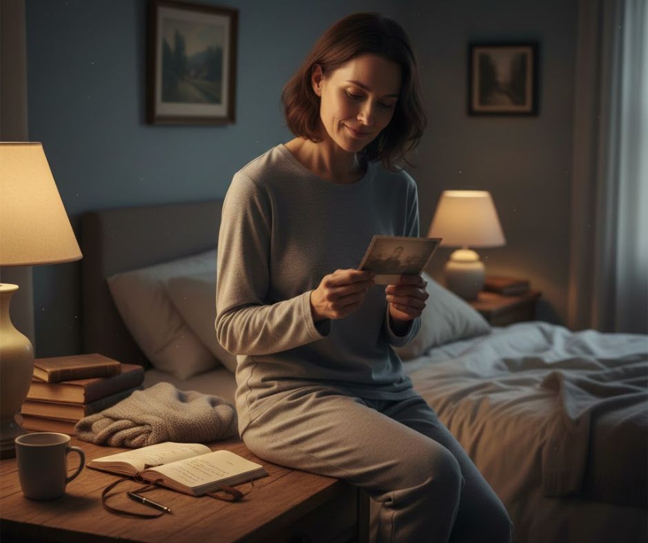 Adult sitting in a softly lit bedroom, looking at a blurred childhood photo with a reflective expression.