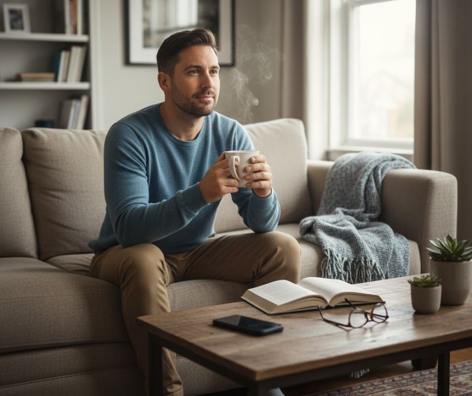 Person sitting on a couch holding a mug, quietly reflecting in soft natural light.