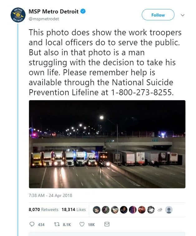 The Twitter post by MSP Metro Detroit about the hero truckers.