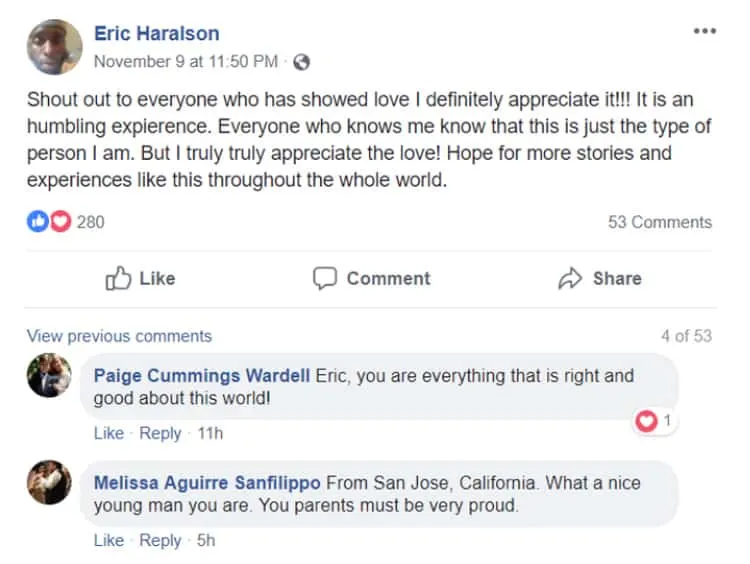 Eric posting his appreciation of people who saw the post.