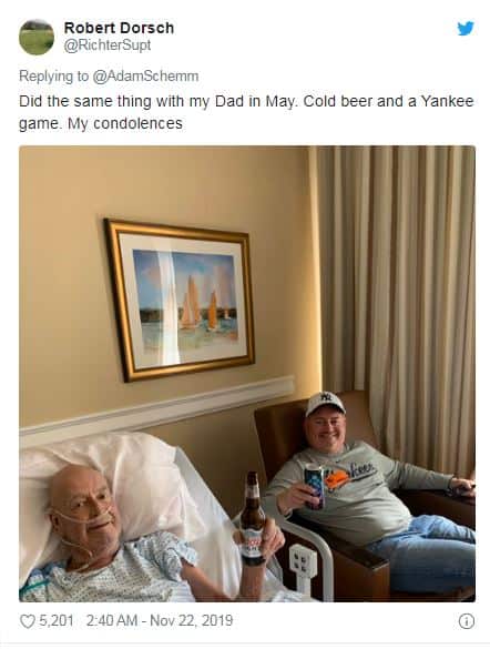 A man drinking beer with dying Dad