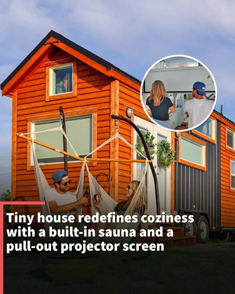 Tiny house redefines coziness with a built-in sauna and a pull-out projector screen