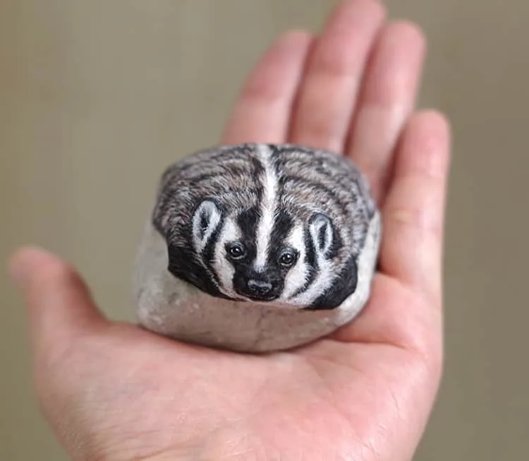 An image of a raccoon painted on a stone by Akie Nakata