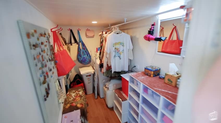 Tiny house with a walk-in closet has decent storage space.