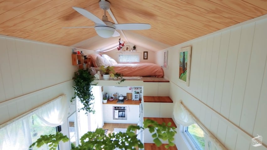 The cozy second level of the tiny home. 