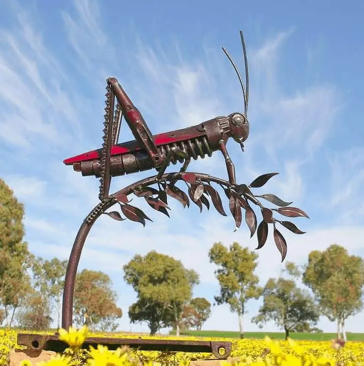 A gravity-defying metal sculpture of a grasshopper, crafted by Jordan Sprigg