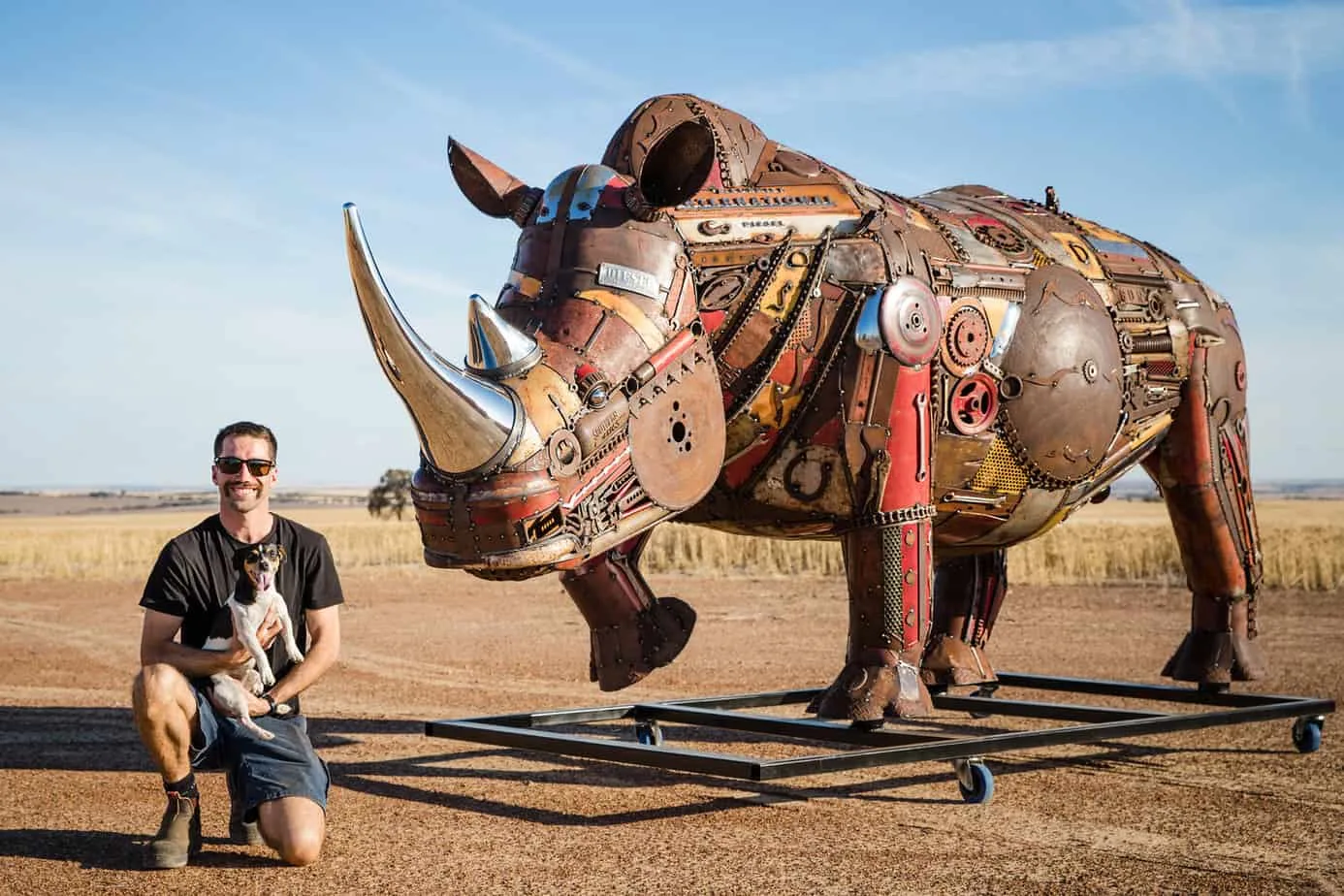 Jordan Sprigg and his latest creation, an extinct African rhino