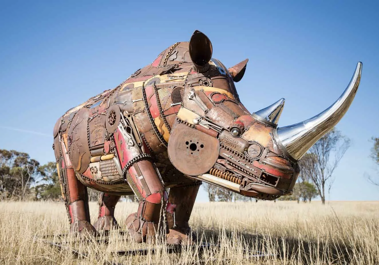 Jordan Sprigg's masterpiece, an extinct African rhino made from recycled metals found from retired machinery, scrap heaps and clearance sales