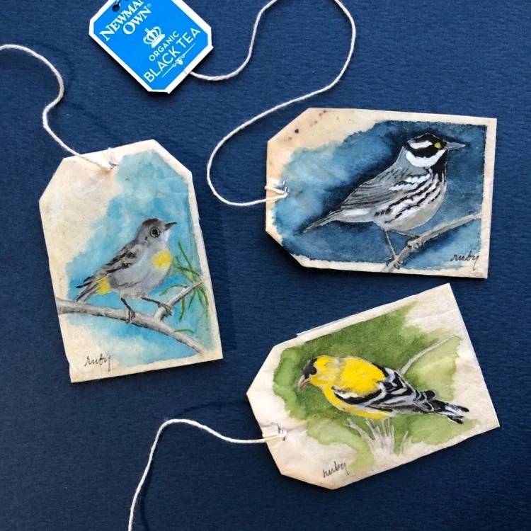 A tea bag painting by Ruby Silvious