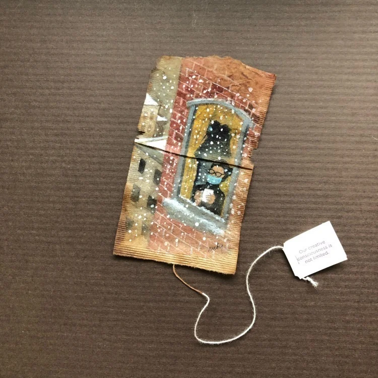 A tea bag painting by Ruby Silvious