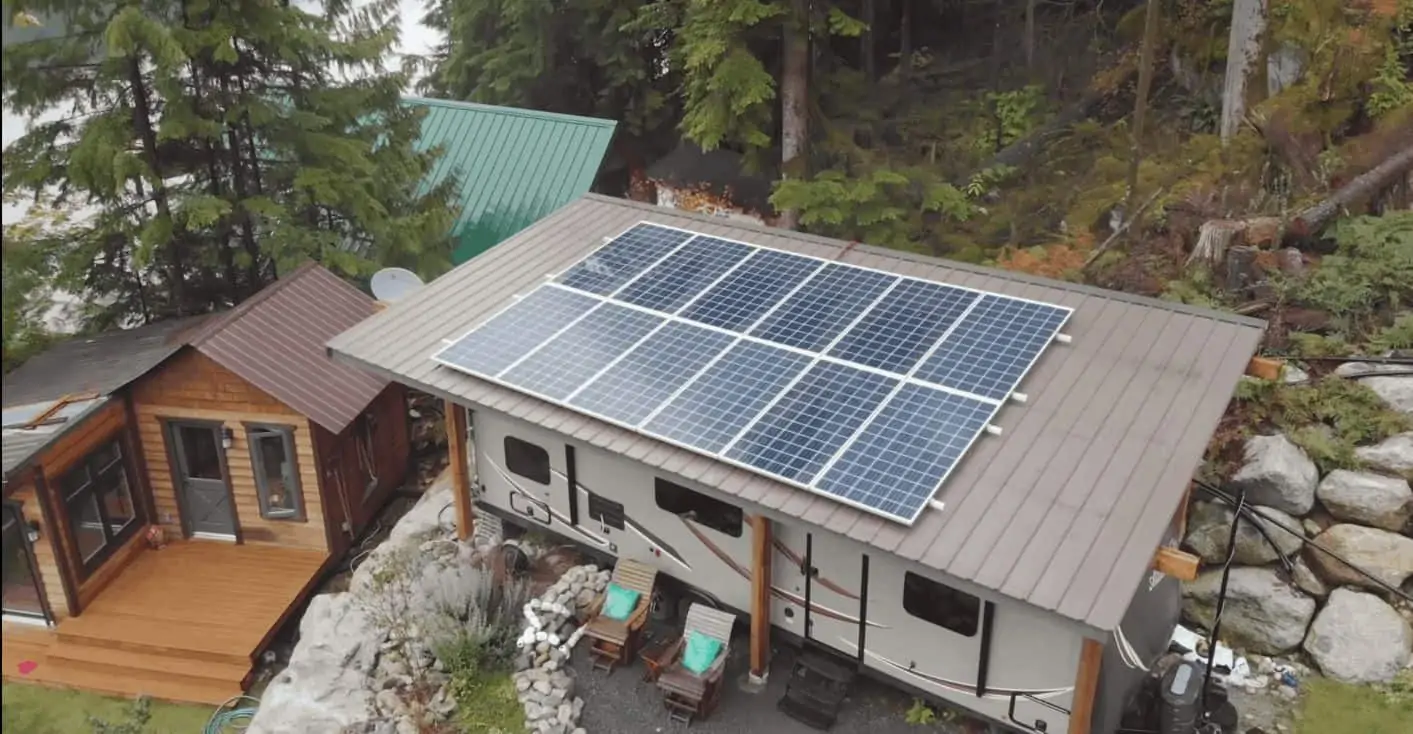 The off the grid home has panels for solar energy