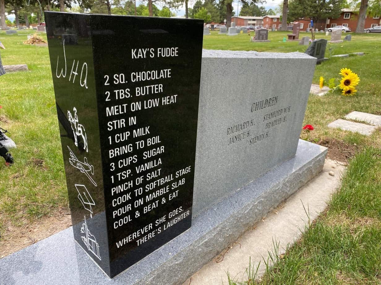 The headstone of Kay and Wade Andrews showing Kay's fudge recipe