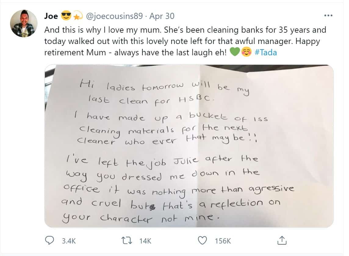 The son of the cleaner sharing her note on Twitter.