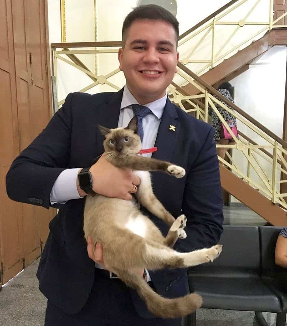 A man in a suit carrying Leon the lawyer cat