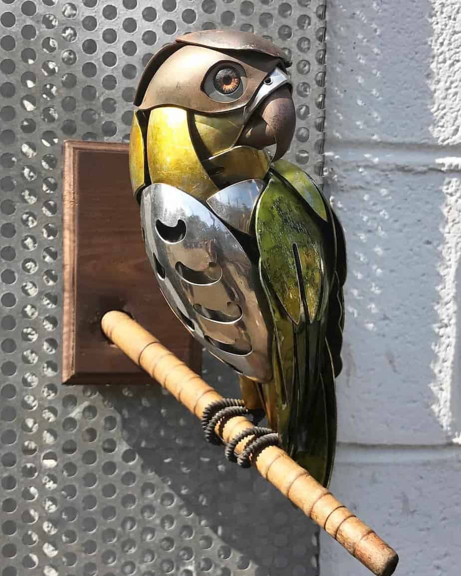 A parrot sculpture made from metal