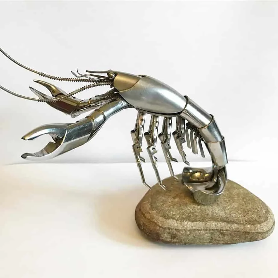 A lobster sculpture made from metal