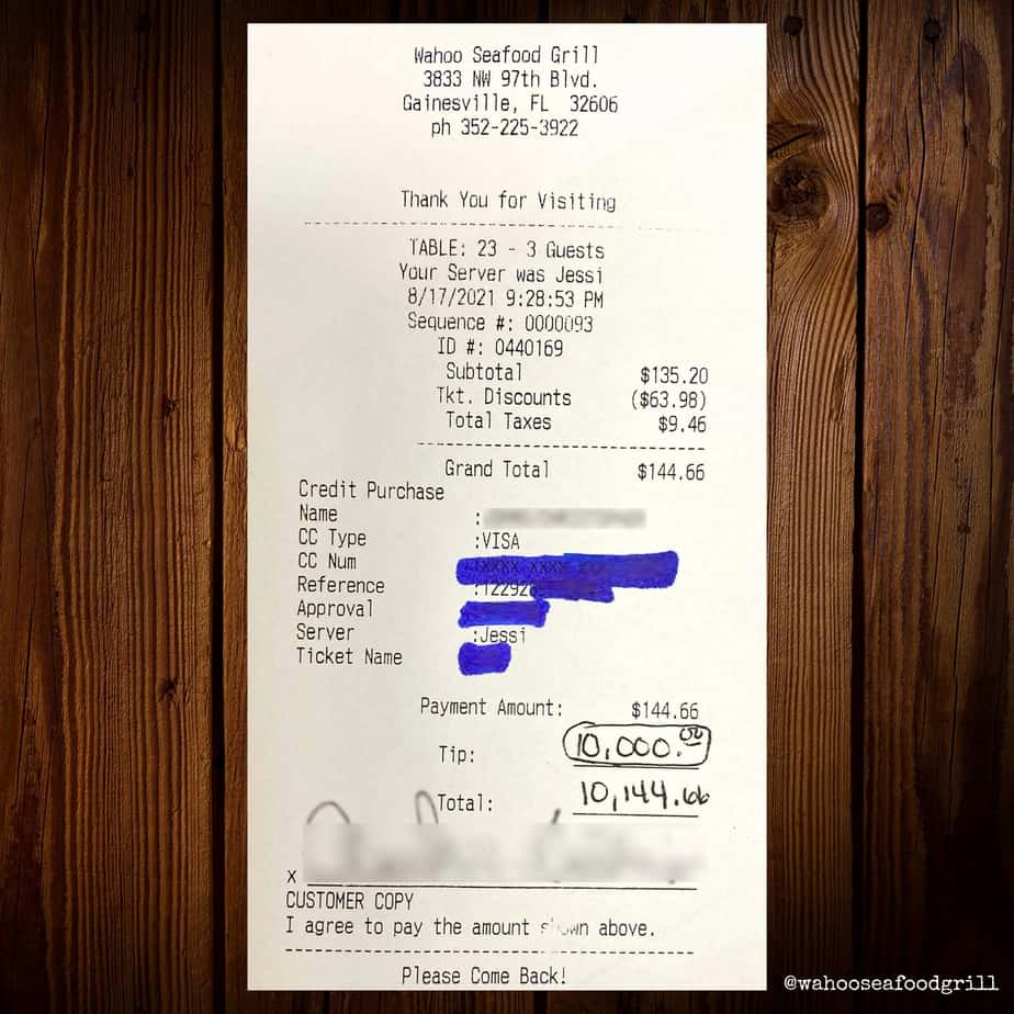 receipt showing the $10,000 tip