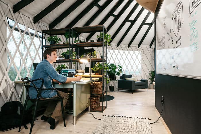 The home office inside Zach Both and Nicole Lopez's modern yurt