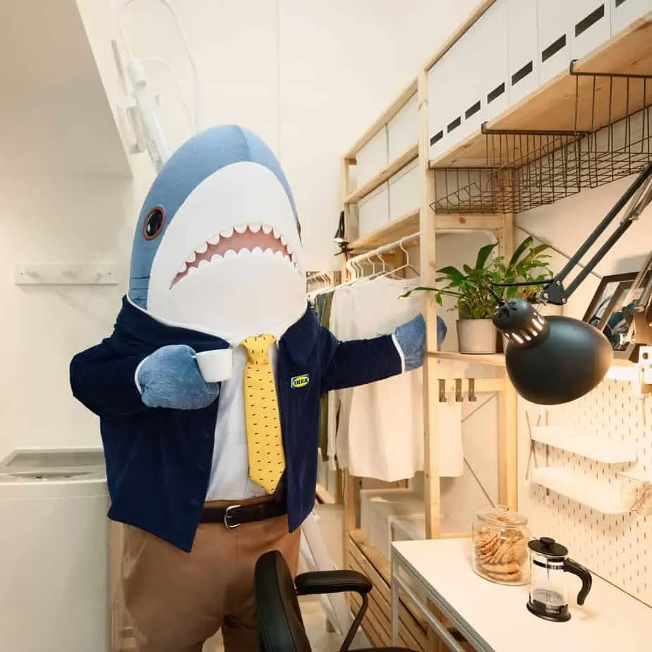 Blåhaj, IKEA's iconic shark real estate agent, inside IKEA Japan's tiny apartment in Shinjuku, Tokyo