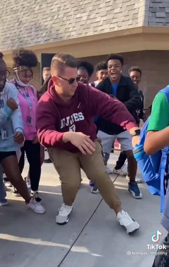 Teacher Austin LeMay dancing with students at Tenaya Middle School