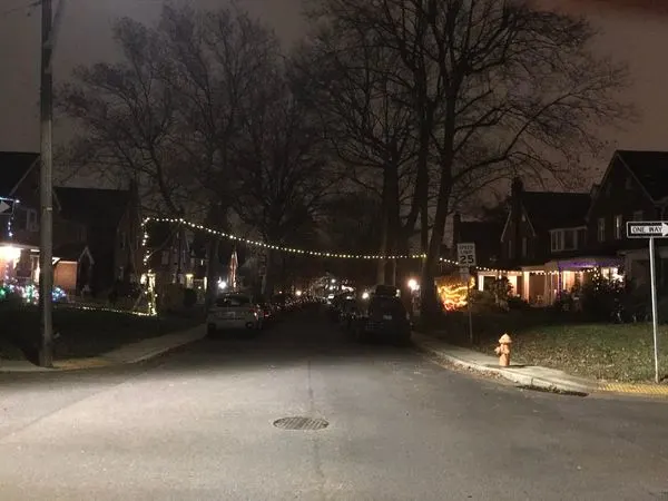 A strand of Christmas lights in a neighborhood