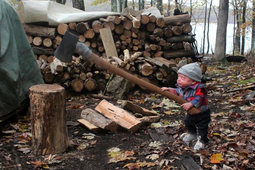 A Photoshopped picture of baby Ryan chopping wood