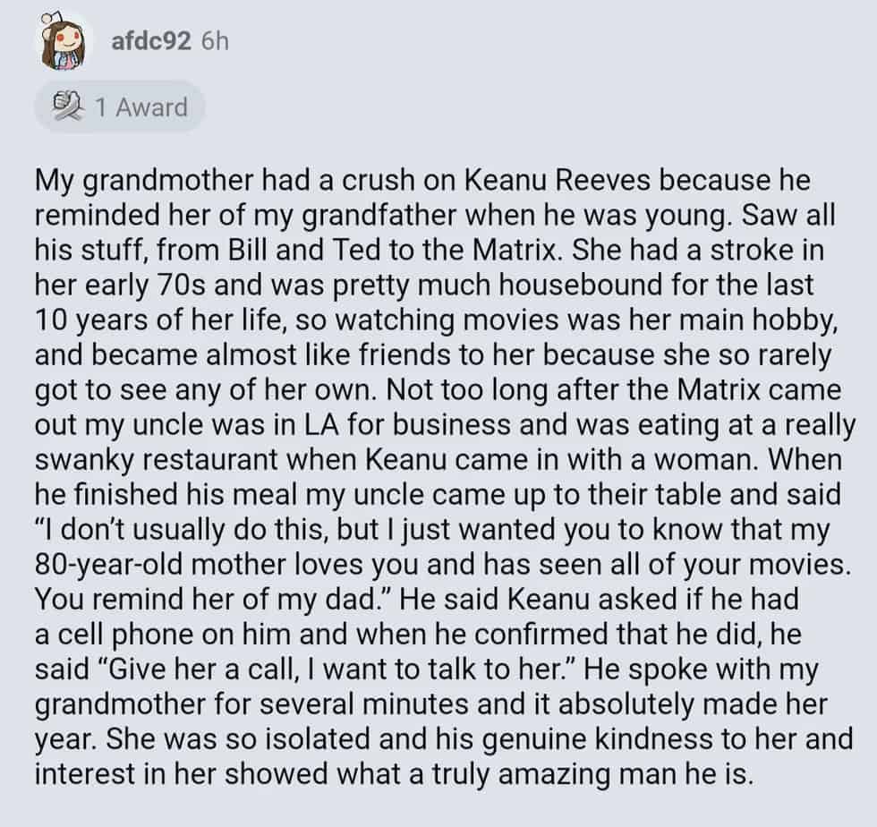 A Reddit comment about Keanu Reeves