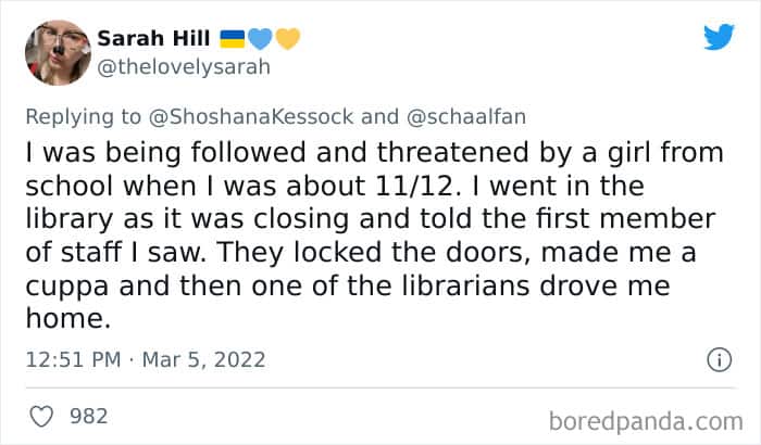 A tweet explaining how the library became a safe space for the poster