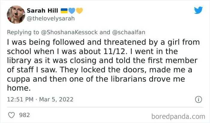 A tweet explaining how the library became a safe space for the poster
