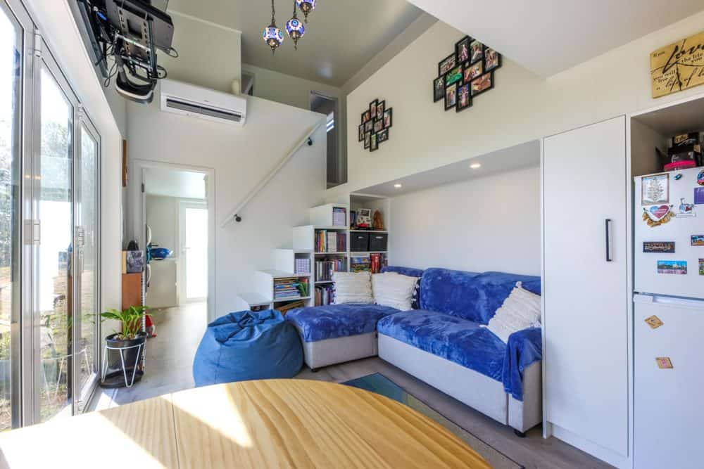 The lounge area of a tiny house in Auckland, New Zealand