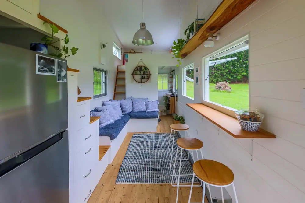 Inside a tiny house with a pop-up roof