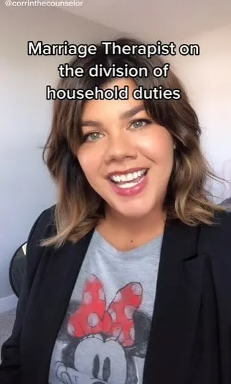 Corrin Voeller on TikTok discussing the division of household chores between spouses