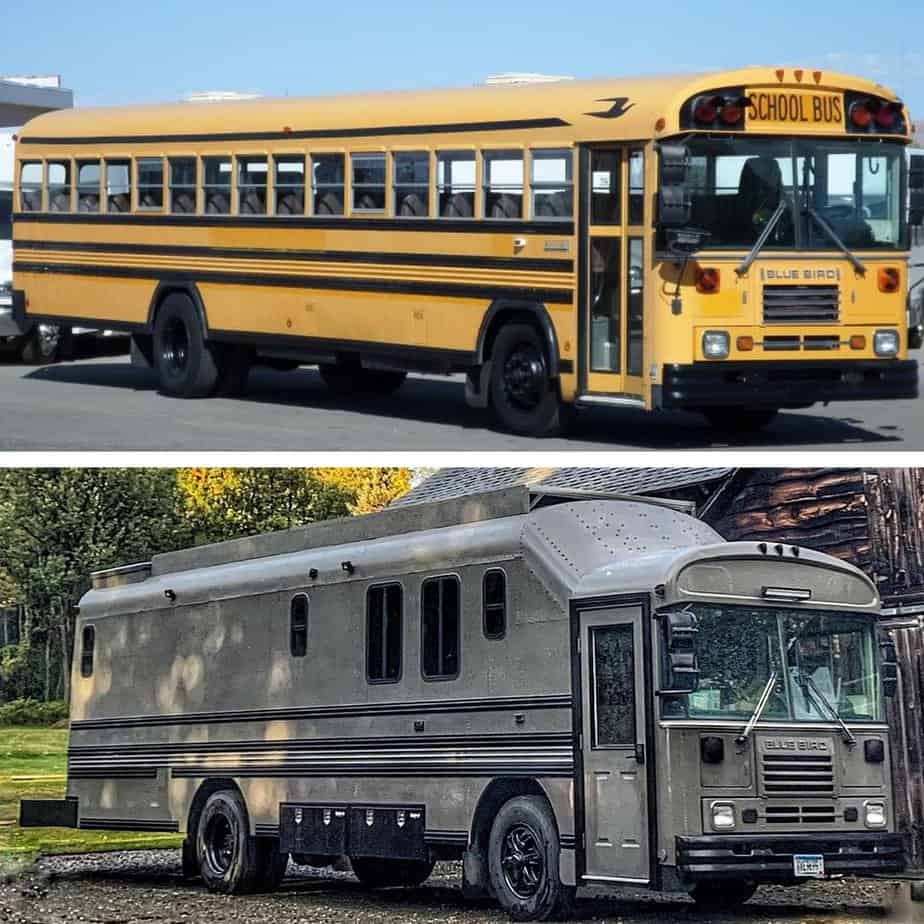 A before and after photo of a school bus converted into a tiny home on wheels