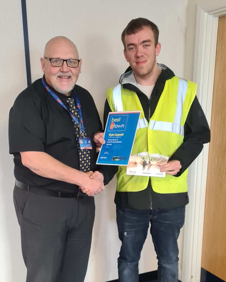 Kyle Caswell rewarded by Swindon's Bus Company with a Best in Town recognition