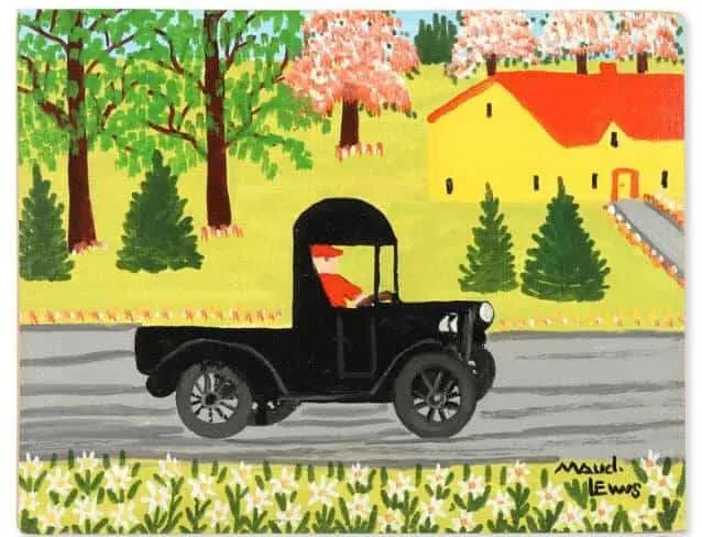 A Maud Lewis painting featuring a black truck