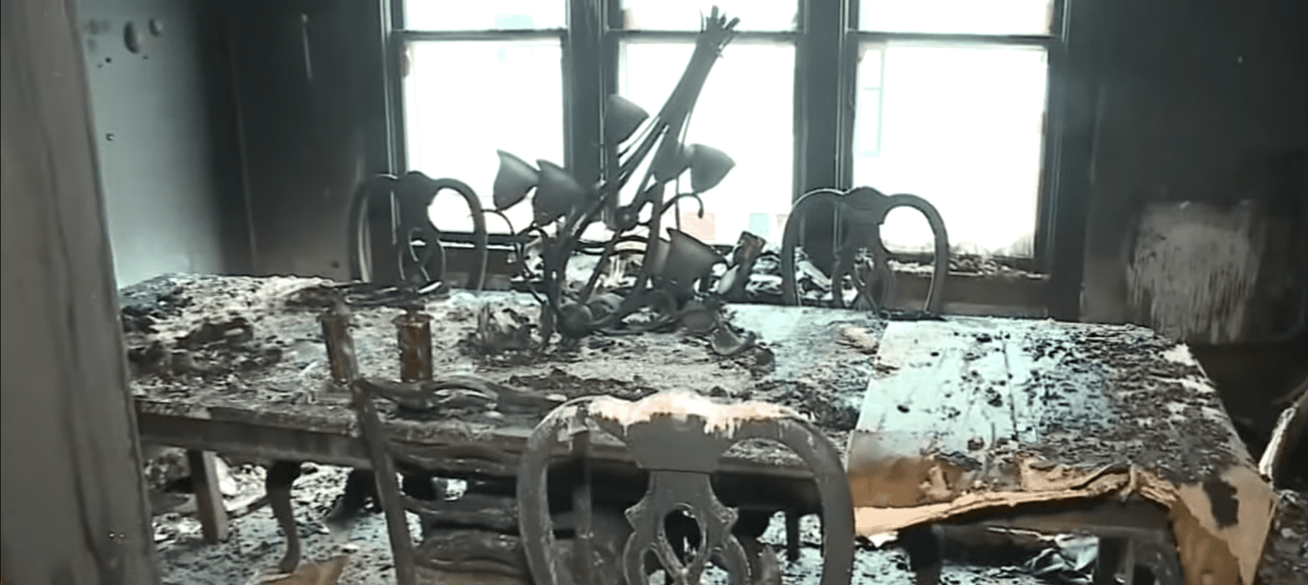 Most of the furnishings, such as the dining room table and chairs, were damaged because of the fire.