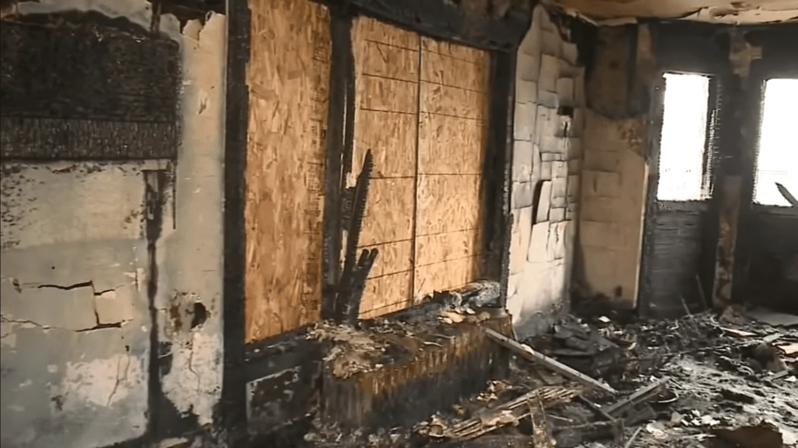 The interior walls were stripped because of the fire.