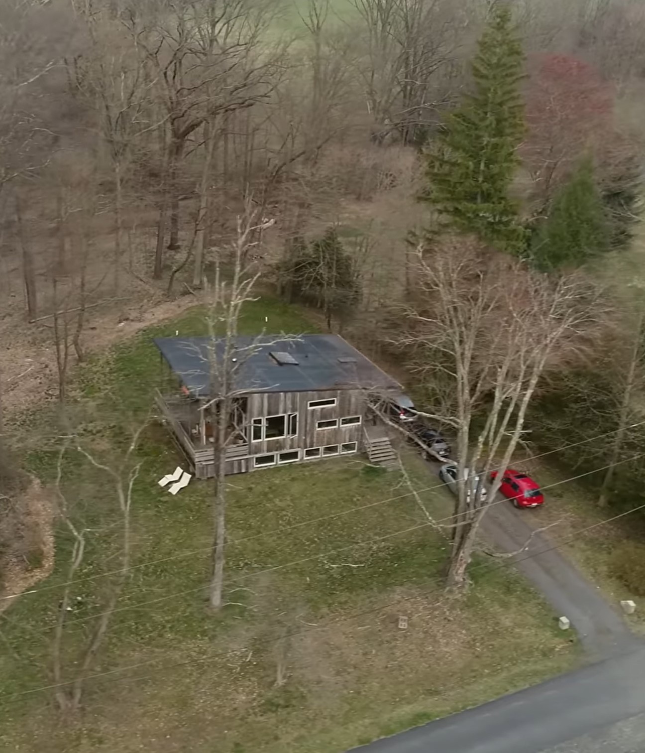 Aerial vew of Tim's modern cabin.
