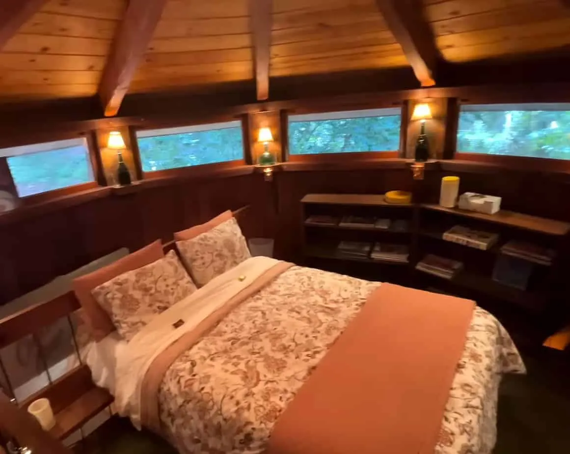 Wine barrel's bedroom with 360-degree view windows.