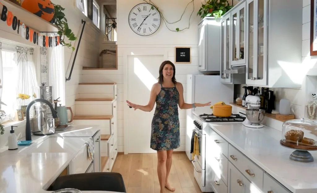 Jen giving a tour of her tiny home.