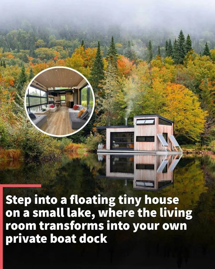 Step into a floating tiny house on a small lake, where the living room transforms into your own private boat dock