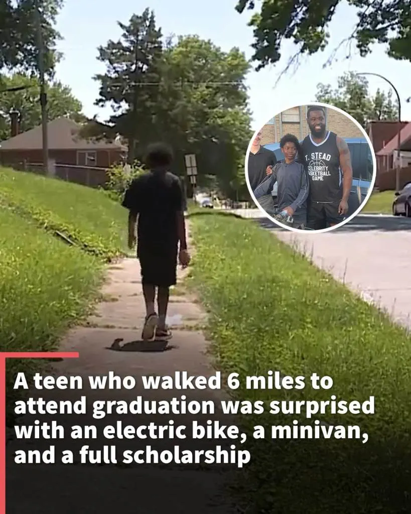A teen who walked 6 miles to attend graduation was surprised with an electric bike, a minivan, and a full scholarship