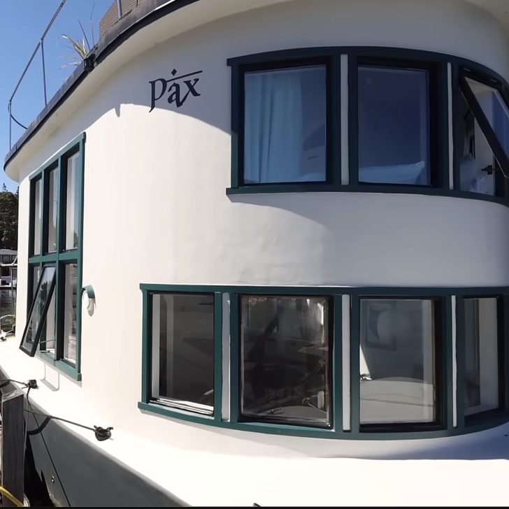 Close-up shot of the boat house, showing the side of the boat where its name, Pax, is written