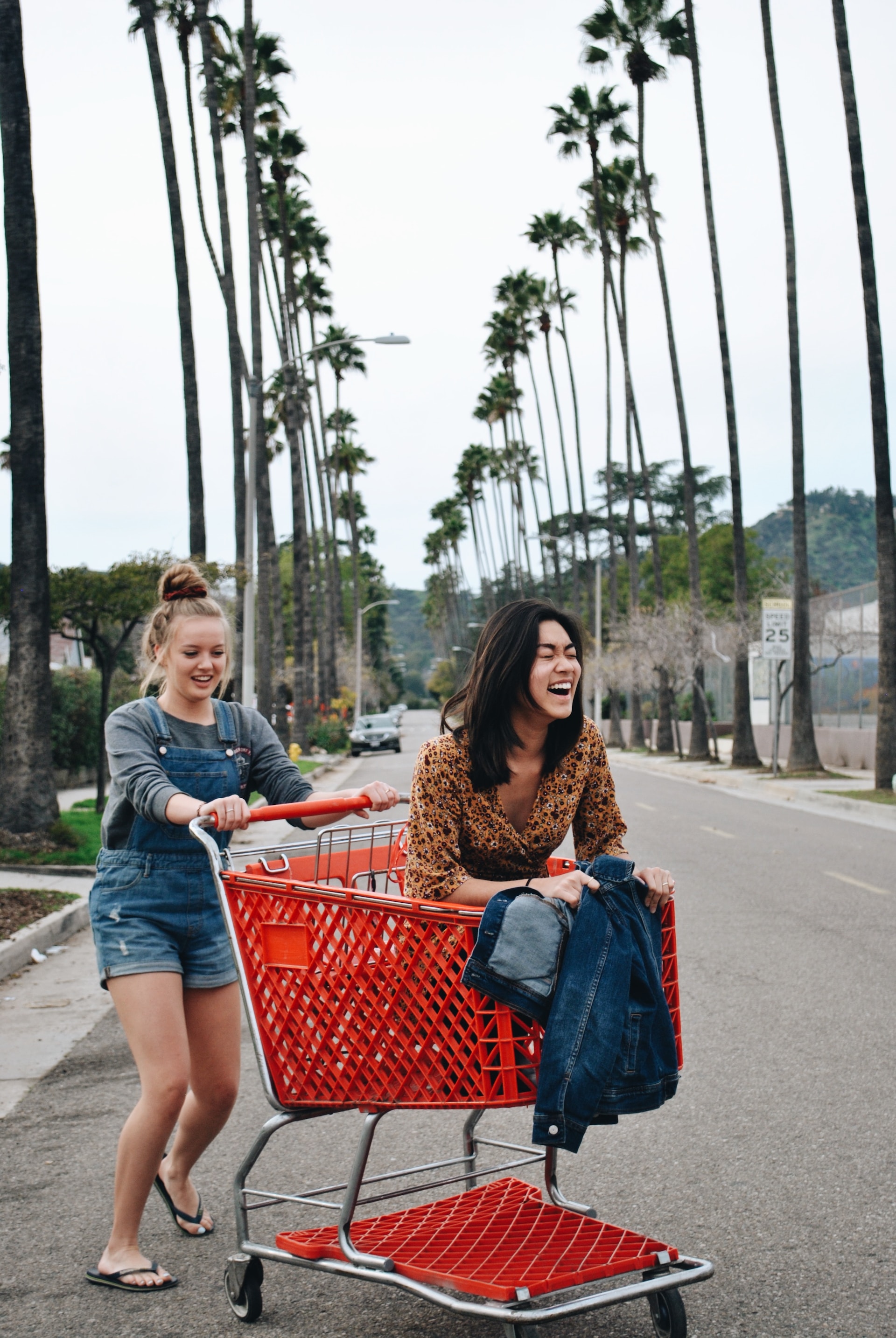Girl pushing a shopping cart her friend is riding on.