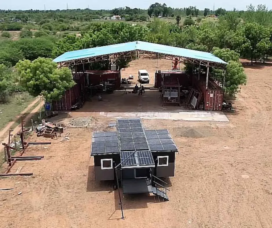 Aerial shot of Kamal's expandable container home