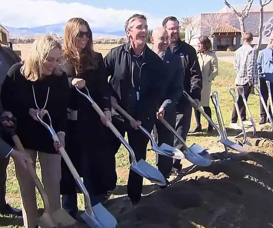Christian Bale, wife, and partners during sod-turning ceremony.
