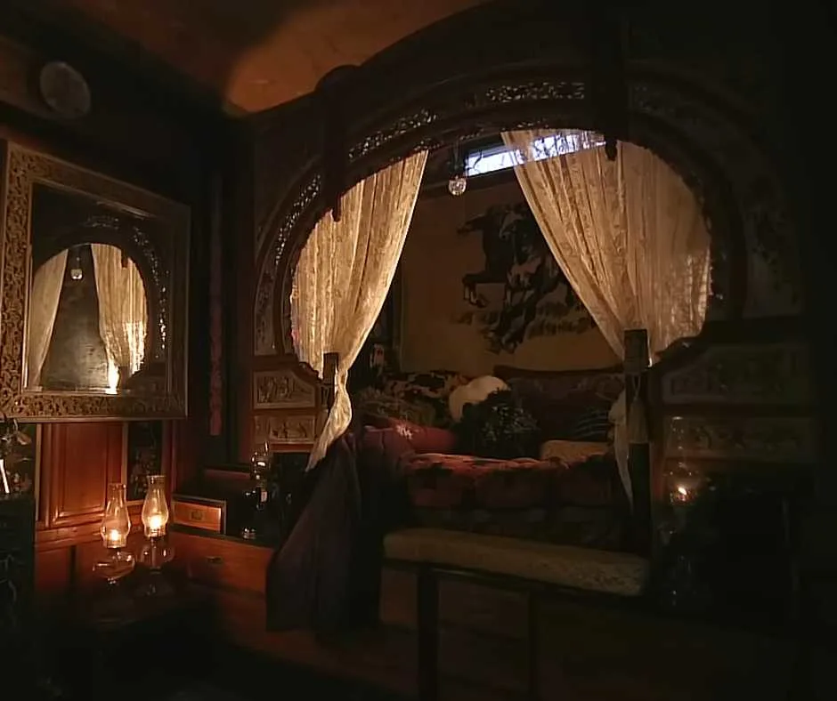 The interior of Carol's tiny home is inspired by 1800s Roma vardo wagon