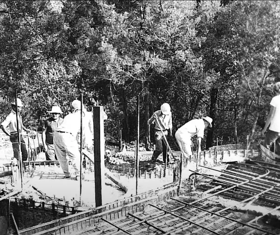 Black-and-white photo of the Bloomhouse under construction in the early 70s
