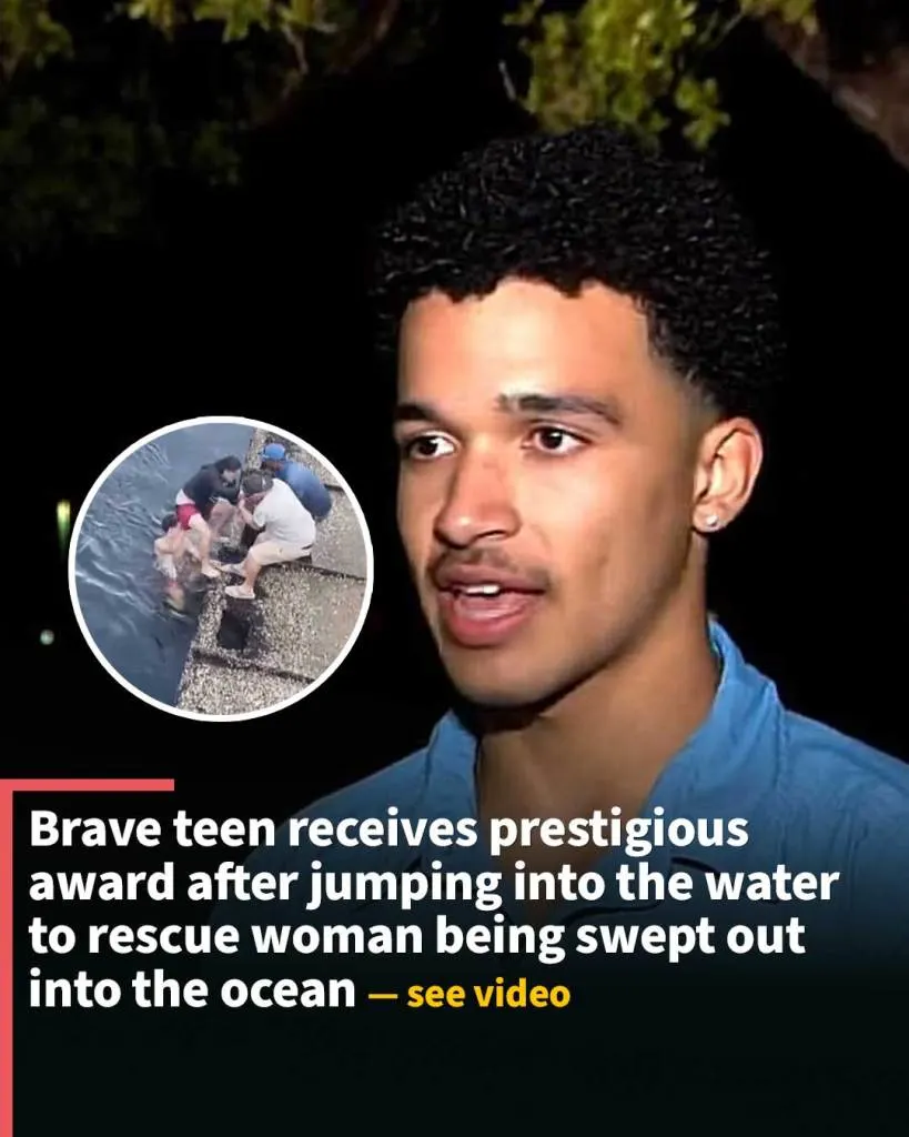 Brave teen receives prestigious award after jumping into the water to rescue woman being swept out into the ocean